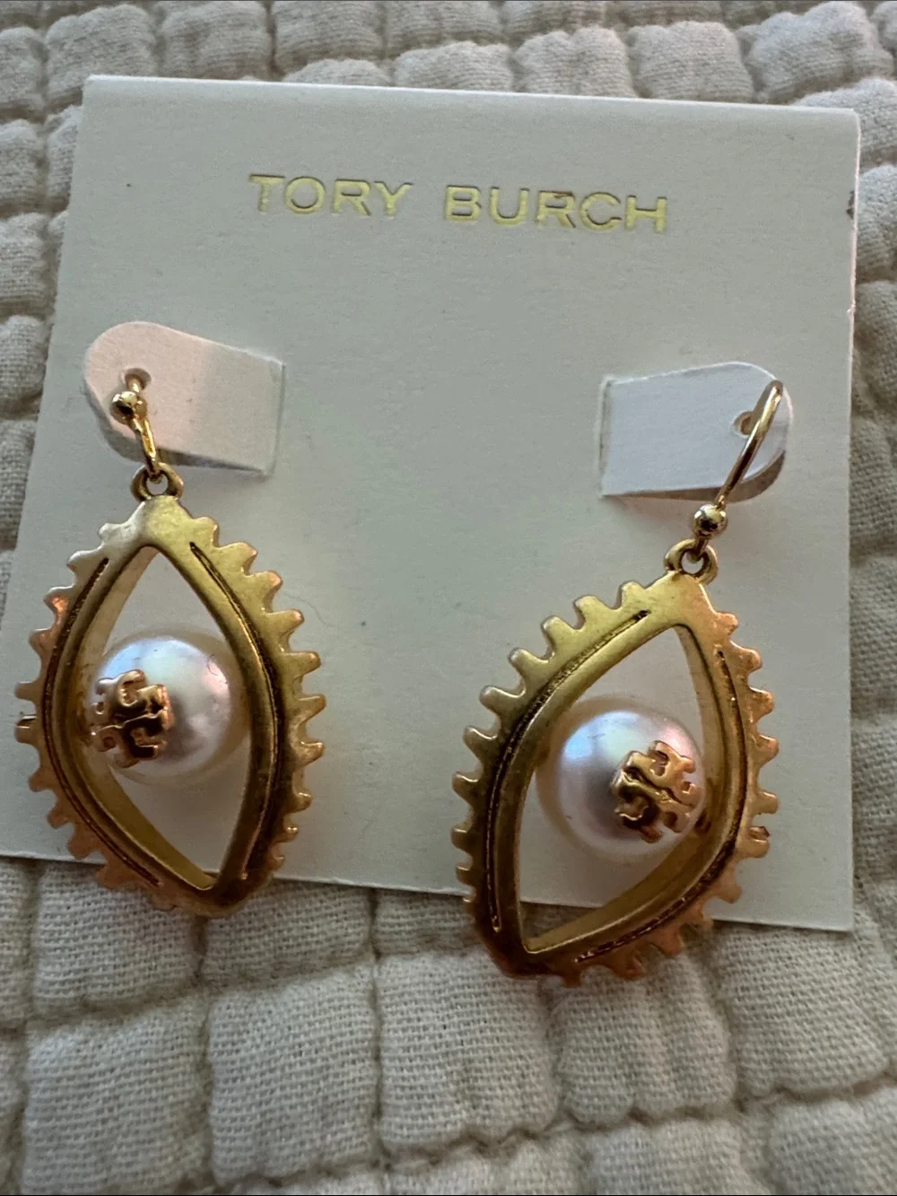 Tory Burch Gold and Pearl Drop Earrings with Logo Accent